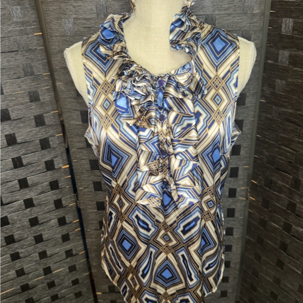 New York & Company Blue Black Cream Patterned Ruffle Top